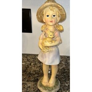Vintage HOMCO Resin Figurine Tall Girl Holding Cat  14 1/4 In With Glued Crack